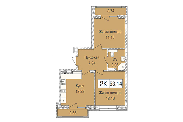 2-комнатная квартира 53,14 м² в ЖК Цивилизация. Планировка