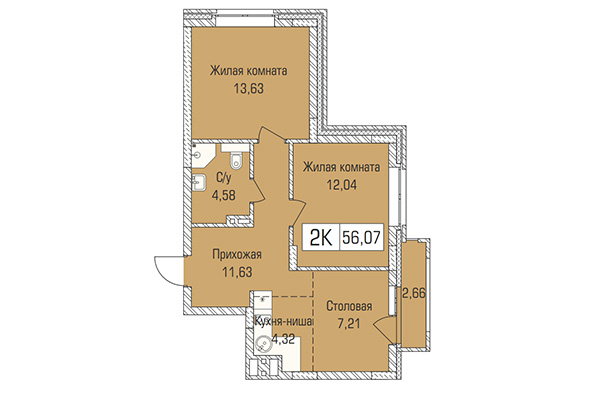 2-комнатная квартира 56,07 м² в ЖК Цивилизация. Планировка