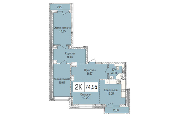 2-комнатная квартира 74,95 м² в ЖК Цивилизация. Планировка