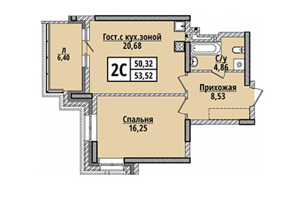 2-комнатная квартира 53,52 м² в ЖК Классик Хаус. Планировка