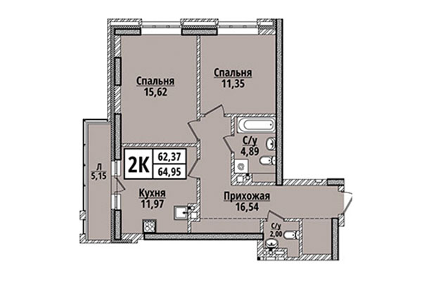 2-комнатная квартира 64,95 м² в ЖК Классик Хаус. Планировка