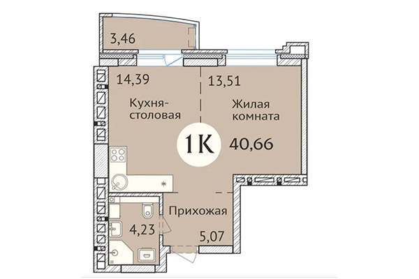Студия 40,66 м² в ЖК Заельцовский. Планировка