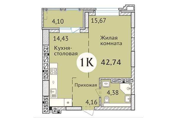 1-комнатная квартира 42,74 м² в ЖК Заельцовский. Планировка
