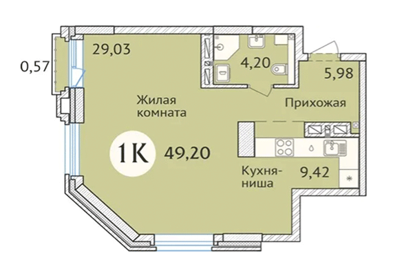 Студия 49,20 м² в ЖК Заельцовский. Планировка