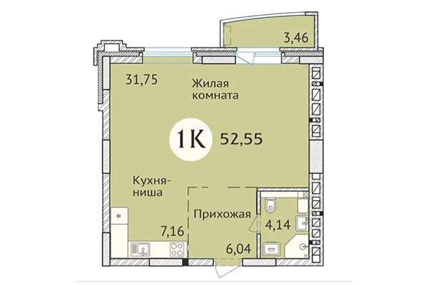 Студия 52,55 м² в ЖК Заельцовский. Планировка