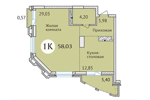 1-комнатная квартира 58,03 м² в ЖК Заельцовский. Планировка
