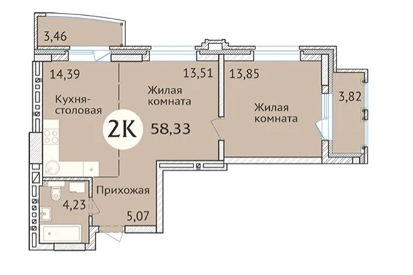 2-комнатная квартира 58,34 м² в ЖК Заельцовский. Планировка