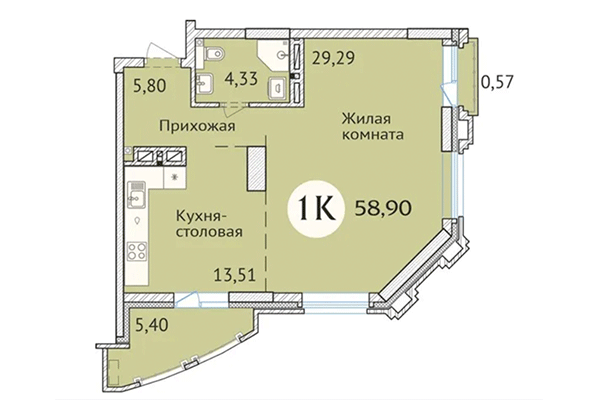 1-комнатная квартира 58,90 м² в ЖК Заельцовский. Планировка