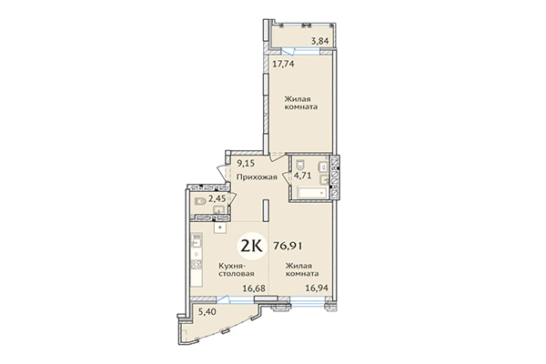 2-комнатная квартира 76,92 м² в ЖК Заельцовский. Планировка