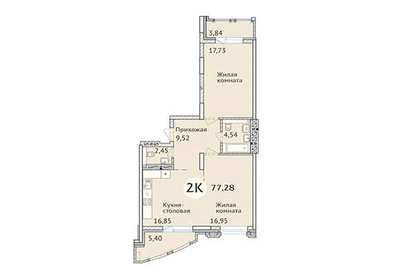 2-комнатная квартира 77,28 м² в ЖК Заельцовский. Планировка