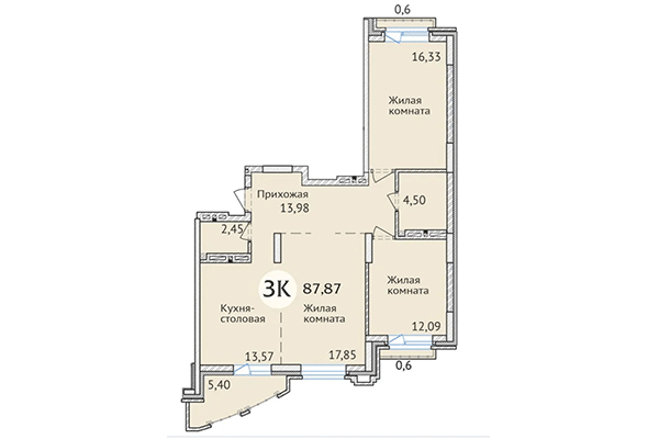 3-комнатная квартира 87,87 м² в ЖК Заельцовский. Планировка