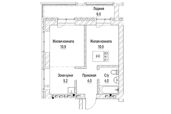2-комнатная квартира 34,10 м² в ЖК Чернышевский. Планировка
