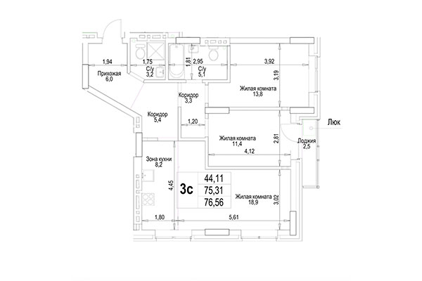 3-комнатная квартира 76,57 м² в ЖК Гудимов. Планировка
