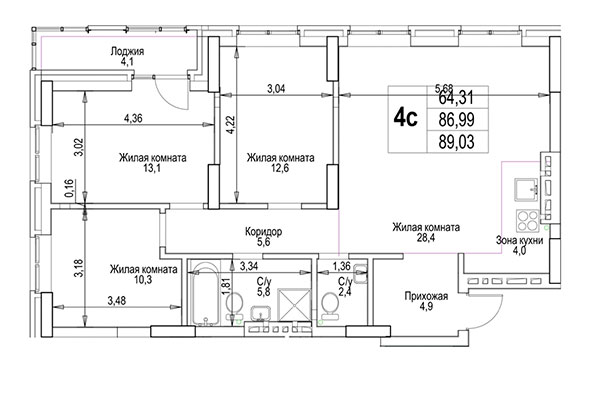 4-комнатная квартира 89,03 м² в ЖК Гудимов. Планировка