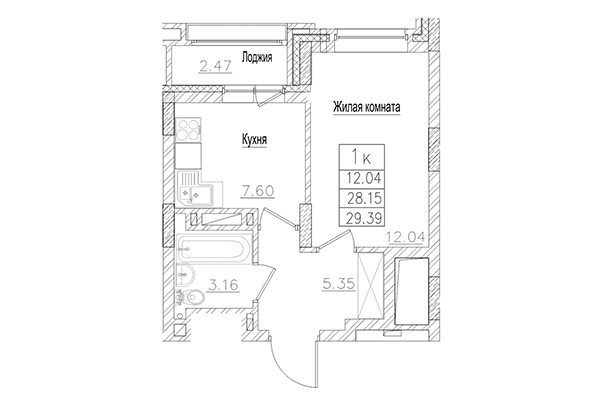 1-комнатная квартира 28,15 м² в ЖК на Покатной. Планировка