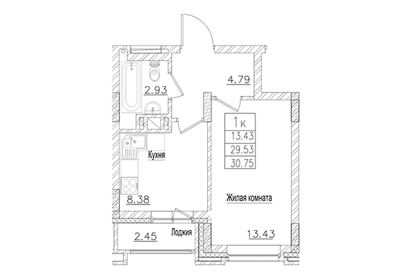 1-комнатная квартира 29,53 м² в ЖК на Покатной. Планировка