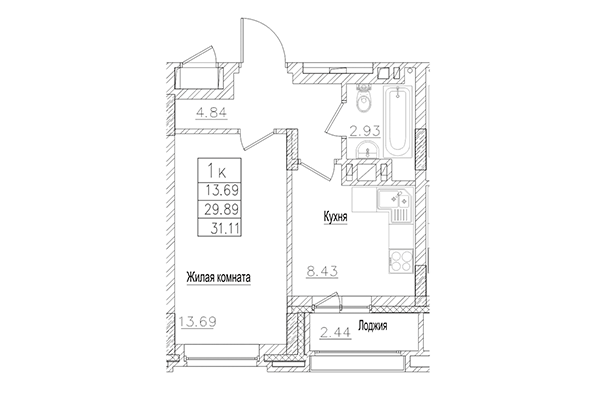 1-комнатная квартира 29,89 м² в ЖК на Покатной. Планировка