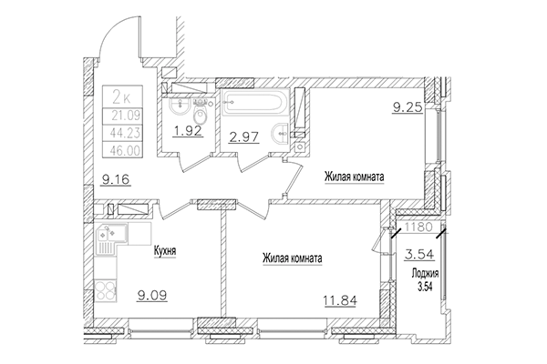 2-комнатная квартира 44,23 м² в ЖК на Покатной. Планировка