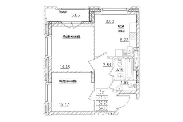 3-комнатная квартира 52,26 м² в ЖК на Покатной. Планировка