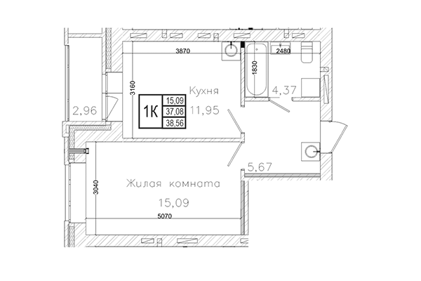 1-комнатная квартира 37,08 м² в ЖК на Шоссейной. Планировка