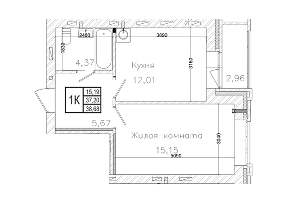 1-комнатная квартира 37,20 м² в ЖК на Шоссейной. Планировка