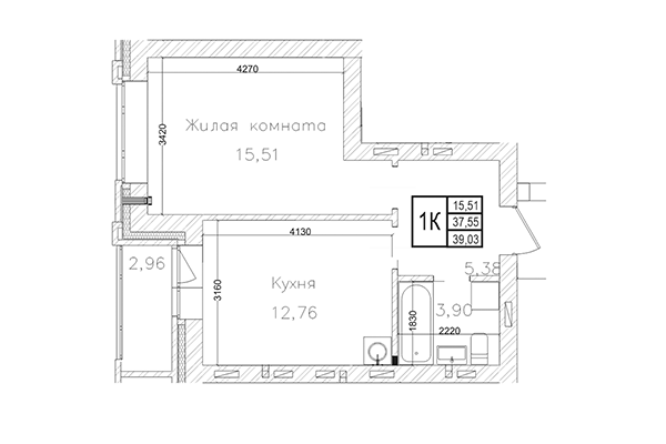 1-комнатная квартира 37,55 м² в ЖК на Шоссейной. Планировка