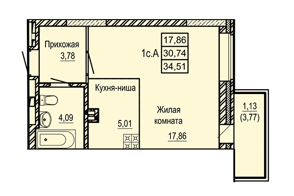 Студия 34,51 м² в ЖК Ленинград. Планировка