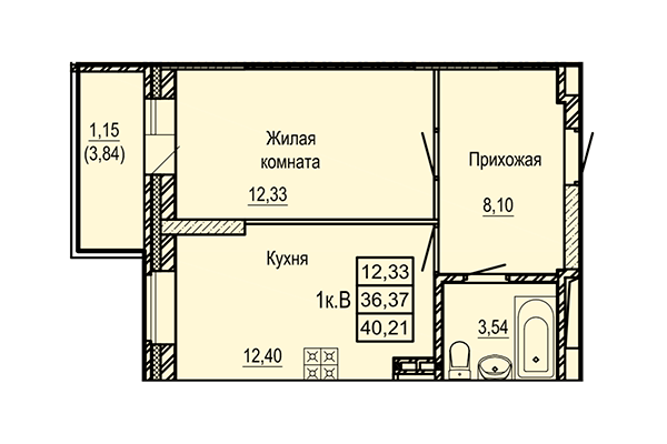 1-комнатная квартира 40,21 м² в ЖК Ленинград. Планировка