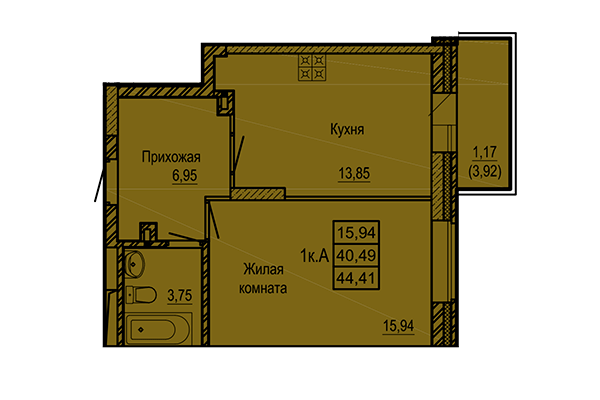 1-комнатная квартира 44,41 м² в ЖК Ленинград. Планировка