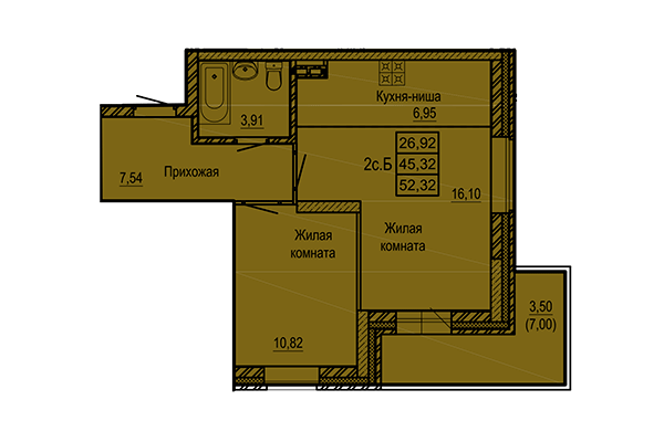 2-комнатная квартира 52,32 м² в ЖК Ленинград. Планировка