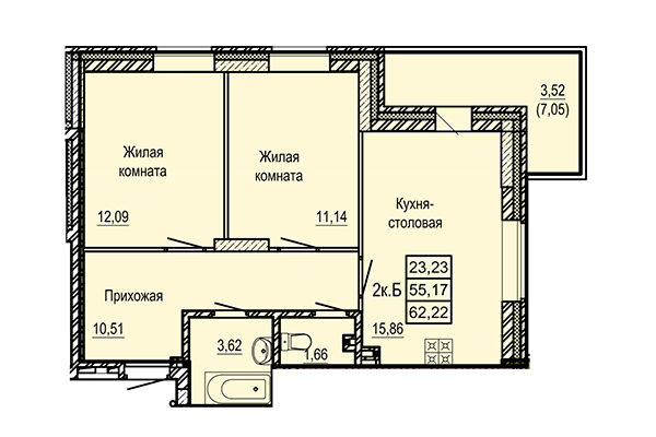 2-комнатная квартира 62,22 м² в ЖК Ленинград. Планировка