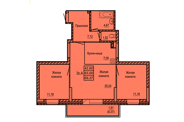 3-комнатная квартира 69,37 м² в ЖК Ленинград. Планировка