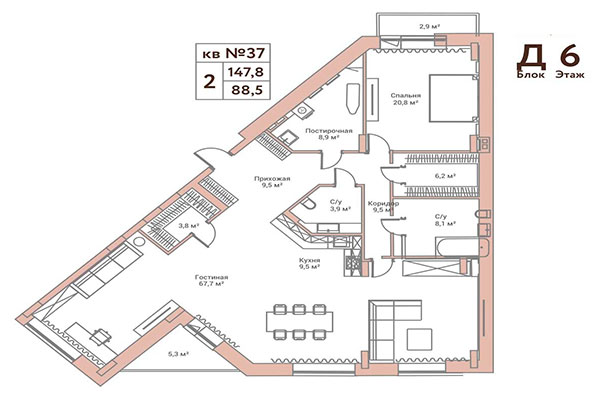 2-комнатная квартира 147,80 м² в ЖК Флора и Фауна. Планировка