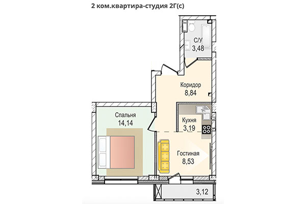 2-комнатная квартира 38,18 м² в ЖК КрымSKY. Планировка