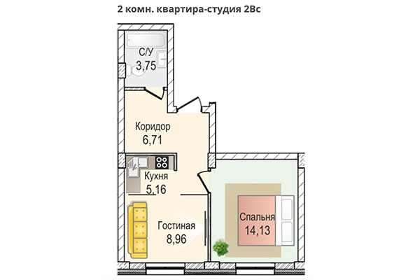 2-комнатная квартира 38,71 м² в ЖК КрымSKY. Планировка