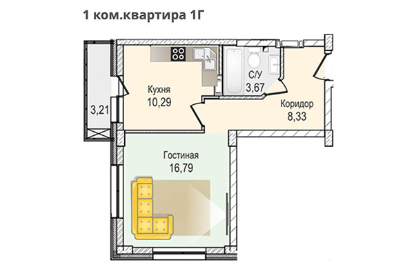 1-комнатная квартира 39,08 м² в ЖК КрымSKY. Планировка