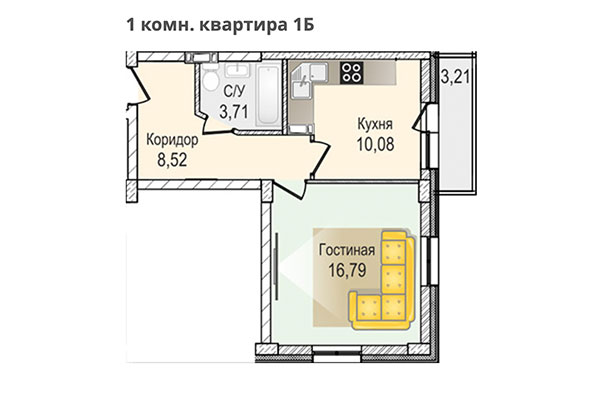 1-комнатная квартира 39,22 м² в ЖК КрымSKY. Планировка