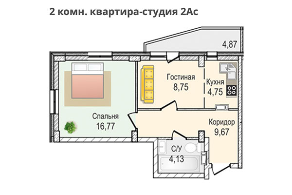 2-комнатная квартира 44,07 м² в ЖК КрымSKY. Планировка