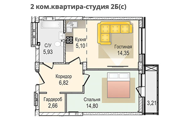 2-комнатная квартира 49,66 м² в ЖК КрымSKY. Планировка