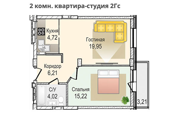 2-комнатная квартира 50,12 м² в ЖК КрымSKY. Планировка