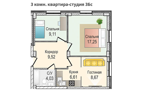 3-комнатная квартира 55,19 м² в ЖК КрымSKY. Планировка