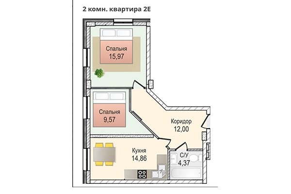 2-комнатная квартира 56,77 м² в ЖК КрымSKY. Планировка