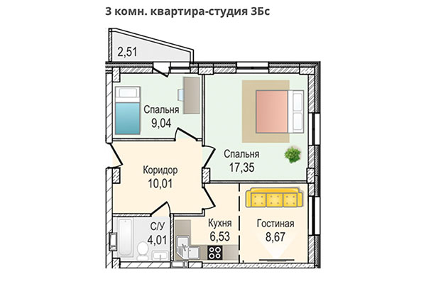3-комнатная квартира 58,12 м² в ЖК КрымSKY. Планировка