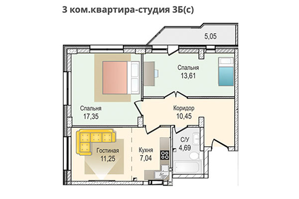 3-комнатная квартира 64,39 м² в ЖК КрымSKY. Планировка