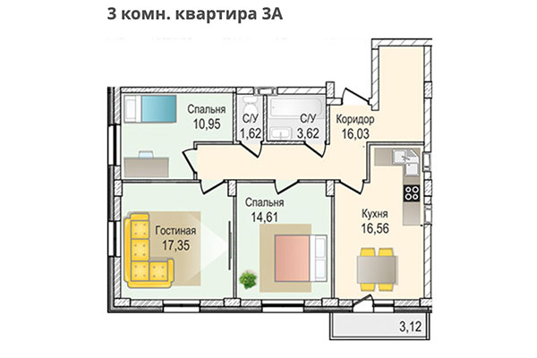 3-комнатная квартира 83,86 м² в ЖК КрымSKY. Планировка