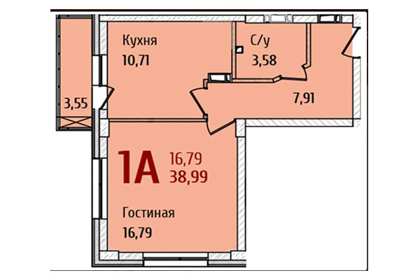 1-комнатная квартира 38,99 м² в ЖК Ред Фокс. Планировка