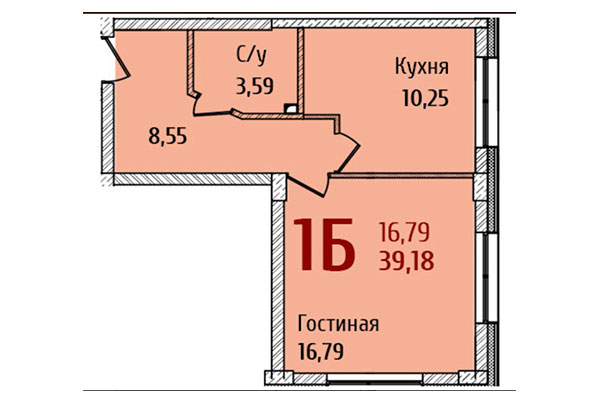 1-комнатная квартира 39,18 м² в ЖК Ред Фокс. Планировка