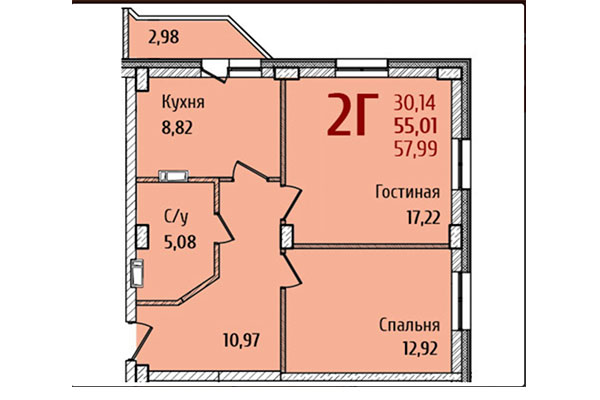 2-комнатная квартира 57,99 м² в ЖК Ред Фокс. Планировка