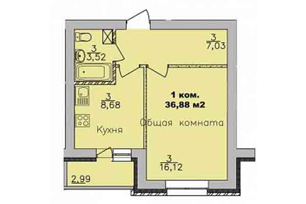 1-комнатная квартира 36,88 м² в Микрорайон Дивногорский. Планировка