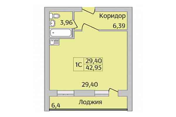 Студия 42,95 м² в Микрорайон Дивногорский. Планировка